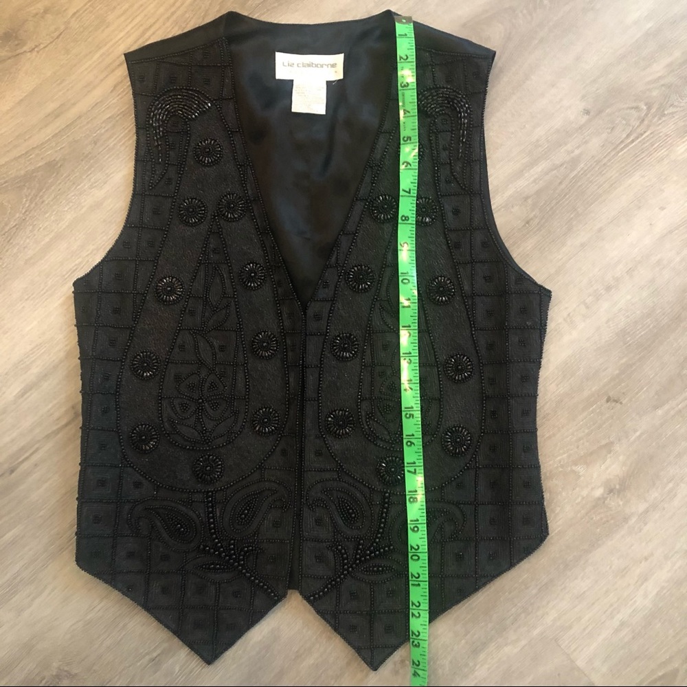 S Liz Claiborne black silk beaded vest, hook closures, back tie, 18" PTP 24" TTB